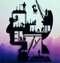 silhouettes of construction workers and cranes in front of a cityscape