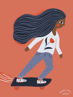 an illustration of a girl on a skateboard with long hair flying through the air