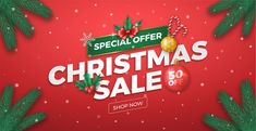 christmas sale banner with pine branches and decorations on red background for special offer, 3d illustration