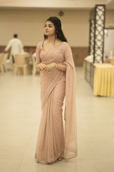 Blouse Designs Latest Net Saree, Pink Net Saree Look, Fancy Saree For Farewell, Saree For Engagement Party, Saare Design Latest, Farewell Sarees Colleges Latest, Orgenza Saari Work, Pastel Sarees For Wedding, Saree Look For Engagement