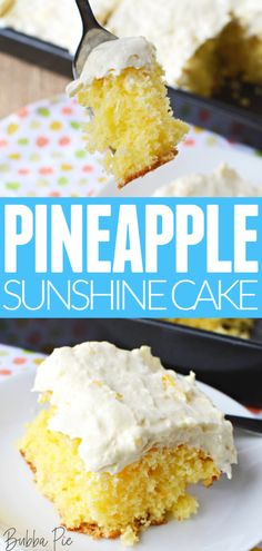 a piece of pineapple cake on a white plate with a fork in the middle