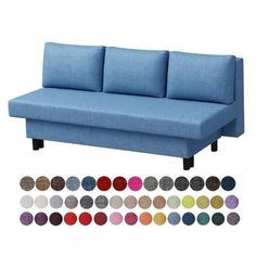 a blue couch with multiple colored cushions and the colors shown below it are all in different sizes