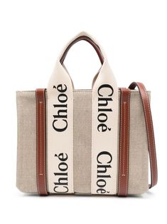 beige/auburn brown linen blend leather trim logo print to the front two top handles single shoulder strap main compartment Chloe Logo, Auburn Brown, Canvas Leather Tote, Small Tote Bag, Small Canvas, Leather Cap, Chloe Bag, Small Tote, Print Tote