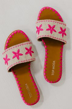 The Beach Embroidered Slide Sandal Flat Embroidered Sandals For Beach, Embroidered Flat Sandals For Summer, Embroidered Sandals For Spring Vacation, Summer Beach Sandals With Floral Embroidery, Vacation Sandals With Floral Embroidery And Open Toe, Embroidered Closed Toe Sandals For Beach, Floral Embroidered Round Toe Sandals For Beach, Spring Embroidered Adjustable Sandals, Floral Embroidered Sandals For Vacation