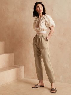 TENCEL™-Linen Pant | Banana Republic Best Work Pants, Stretchy Dress Pants, Slim Dress Pants, Hotel Card, Linen Pants Outfit, Work Pants Women, Linen Blend Pants, Lightweight Pants, Stretchy Dress