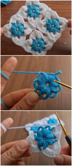 crocheted snowflakes are being worked on by someone using the knitting needle