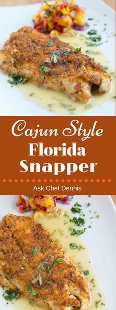 two plates with food on them and the words cajun style florida snapper