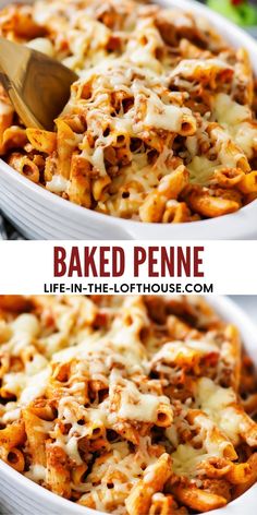 baked penne in a white casserole dish with cheese and meat on top