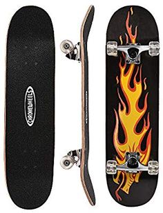 the skateboard has flames on it and is next to another skateboard with wheels