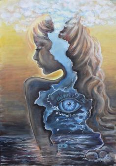 a painting of a woman's face with an eye in the water and clouds above her