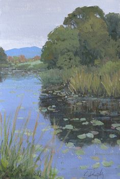 an oil painting of water lilies and trees in the background with grass on the bank