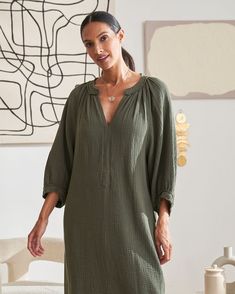 One of Oprah's Favorite things, in a limited edition color, this cozy, 100% cotton fabric, is a year around staple. The double gauze fabric feels like you are wearing your favorite pajamas, and bonus, it's not the least bit sheer! To make it even more irresistible, we added pockets and a flattering asymmetric hem. The raw edge details add a bit of deconstructionist chic. Once it's on, we dare you to take it off. Green V-neck Tunic For Fall, Green Cotton Lounge Dress, Green Cotton Loungewear Dress, Green Relaxed Fit Beach Tunic, Green Cotton Dress For Loungewear, Green Relaxed Fit Casual Tunic, Green Casual Relaxed Fit Tunic, Oversized Green Tunic For Beach, Oversized Green Tunic For The Beach