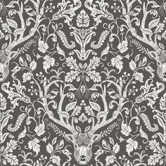 an intricately designed wallpaper with white flowers and deer heads on grey background stock illustration