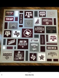 a quilt made to look like it has many different logos on it, including texas a & m