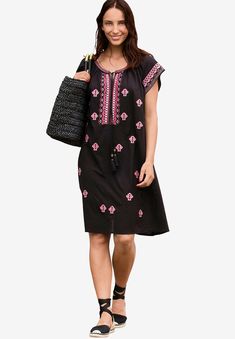 Playa Shift Dress | Ellos Casual Tunic Dress With Tassels, Summer Midi Dress With Embroidered Neckline, Short Sleeve Embroidered Dress With Neckline Detail For Beach, Vacation Dress With Embroidered Neckline, Knee-length Summer Dresses With Tassels, Beach Embroidered Midi Dress, Vacation Tunic Dress With Embroidered Neckline, Beach Embroidered Dress With Embroidered Neckline, Casual Beach Dress With Embroidered Neckline