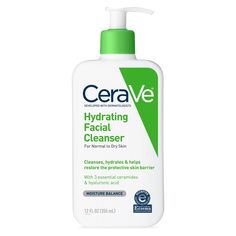 Developed with dermatologists, CeraVe Hydrating Facial Cleanser is a unique formula that cleanses, hydrates and helps restore the protective skin barrier with three essential ceramides (1, 3, 6-II). The formula also contains hyaluronic acid to help retain skin’s natural moisture. Gentle cleansing lotion with hyaluronic acid, ceramides, and glycerin to help hydrate skin without stripping moisture Removes face makeup, dirt, and excess oil, provides 24-hour hydration and leaves a moisturized, non-g Cerave Hydrating Facial Cleanser, Cerave Cleanser, Hydrating Facial Cleanser, Natural Facial Cleanser, Hydrating Face Wash, Gentle Face Wash, Cleanser For Sensitive Skin, Daily Face Wash, Skin Care Routine For 20s