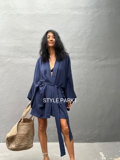 2025 New color The putu Kimono Perfect for a swimsuit cover up on the beach or by the pool , with shorts and a tank top or over a summer dress. At home wear  Stylepark1 Model  -Her height is 175Cm/5.74ft weight is 57Kg/125IB /American size, she wore  ~ M  size.  Color:Bali  Tie dye Ocean navy blue  motif One size fit      One size      Model wore / B   A  - Length - 95cm/37inch        Width - Chest & hip          85cm /66.92inch/round         I recommend American size XL to XXXL  B - Length - 85cm/33.46inch        Width - Chest & hip          75cm/150cm (59inch) round         I recommend American size M to XL   C - Length - 85cm/33.46inch       Width - Chest & hip         65cm/130cm/51inch (round)         recommend American size S to L Made from soft Rayon /Hand cool wash  At first, you ma Dress At Home, Kimono Beach Cover Up, Short Kimono Robe, Kimono Beach, Short Kimono, Home Wear, Beach Covers, Swimsuit Cover, Dress Pattern