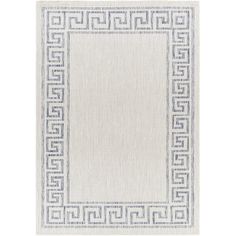 a white rug with blue and grey greek border on the bottom, in front of a white background