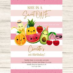 a pink and white striped birthday card with fruit