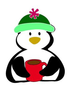 a penguin with a green hat holding a red coffee cup in its paws and sitting down