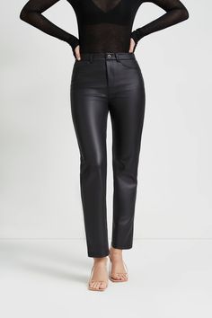 Meet the refined fit and upgrade your jeans for our Vinci Pants. Crafted from soft vegan leather, these sustainable faux leather pants offer just the right amount of sheen to lift your look. They also feature a high waist and modern straight legs—creating a best-selling vegan leather pant silhouette that will give you legs (and style) for days. | Sydney, in black, is 5'11" (180 cm) tall, wearing size L. Inseam length is approximately 31" (78 cm). Length from waist to hem is approximately 40" (10 Leather Leggings Outfit, Unique Leggings, Leggings Outfits, Vegan Italian, Fitness Outfits, Monochrome Outfit, Leather Pant, Sheer Tights, Black Turtleneck