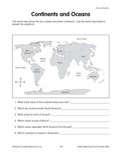 the world map worksheet for children to learn about oceans and their major cities