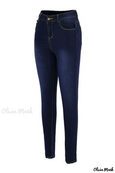 Olivia Mark - Premium Womens High-Waisted Denim Jeans in Solid Blue - Effortless Casual Chic Denim Blue High Waist Jeggings With Pockets, High Waist Denim Blue Jeggings With Pockets, High Waist Dark Wash Denim Jeggings, High-waisted Denim Blue Jeggings With Pockets, High Waist Denim Jeggings With Pockets, High Rise Denim Jeggings For Summer, High-waist Denim Jeggings With Pockets, High Waist Denim Blue Jeggings, Casual Denim Blue High Waist Jeggings