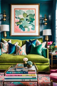 a living room filled with green couches and colorful pillows