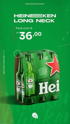 an advertisement for heineken's long neck beer, with three bottles in it