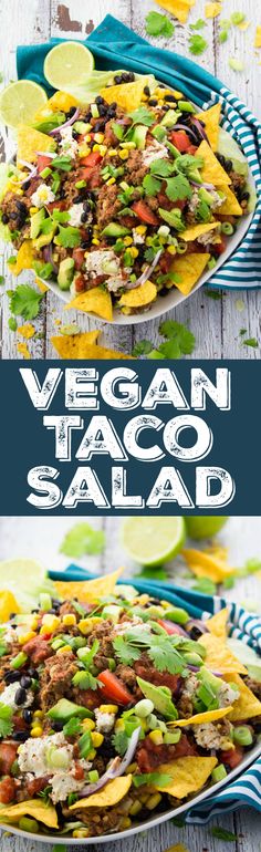 vegan taco salad with tortilla chips and avocado