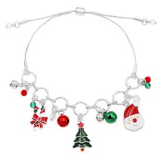 a silver bracelet with charms and christmas decorations