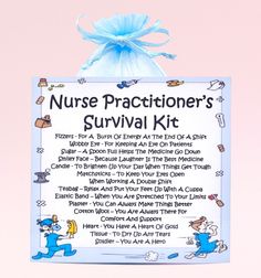 a nurse's survival kit hanging on a wall with a blue ribbon around it