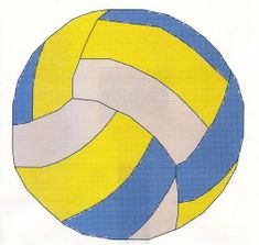 a yellow and blue ball with white strips on it