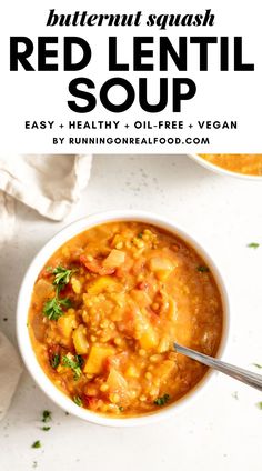 a white bowl filled with red lentil soup