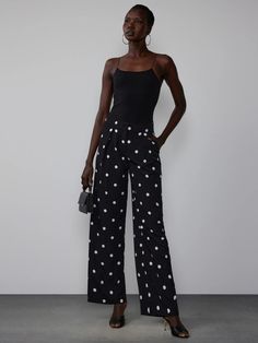 Polka Dot Wide Leg Pant | NY&Co Spring Polka Dot Cotton Pants, Polka Dot Cotton Bottoms With Pockets, Polka Dot Wide Leg Bottoms With Pockets, Spring Polka Dot Bottoms With Pockets, Chic Polka Dot Summer Bottoms, Chic Polka Dot Bottoms For Spring, Polka Dot Fitted Bottoms For Workwear, Polka Dot Fitted Bottoms For Work, Chic High Waist Polka Dot Bottoms