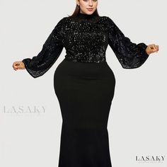 Lasaky - Womens Plus Size Contrast Sequin Fuzzy Decor Neck Long Sleeve Mermaid Dress - High Stretch Plus Party Night Out Long Dress Long Sleeve Mermaid Dress, Bodycon Casual, Mermaid Dress, Party Night, Long Dress, Night Out, Sequin, Mermaid, Black Dress