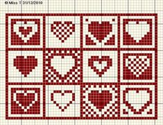 a cross stitch pattern with hearts and squares on the front, as well as an image of