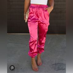 Pink Satin Joggers With Drawstring Waist Feminine Skirt, Elastic Waist Pants, Ankle Length Pants, Tailored Trousers, Outdoor Indoor, Drawstring Pants, Pink Satin, Waist Pants, Style Moderne