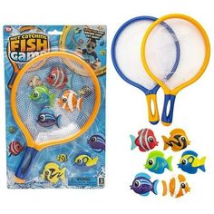 an assortment of toys including a net, fish game and various toy items in the package