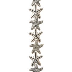 a silver necklace with five starfishs hanging from it's sides on a white background