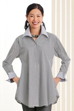 Woven Shirt - Simple, yet anything but basic, this iconic shirt is a wardrobe staple with panache. Its shirttail bottom, double-cuff sleeves, and fold-down collar give it classic styling, and its hidden hip pockets add function we love. Smock Shirt, Artist Smock, Clothes For Women Over 50, Shirt Folding, Over 60 Fashion, Double Cuff, Artful Home, 60 Fashion, Womens Shirt