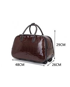 SIZE: Length: 48cm, Width: 26cm , Height : 29CM  Handle Height: 14 CM * Dual top carry handles and telescopic extendable pull handle * Wheels attached * Spacious 3 main compartments * Fully lined interior * Full zip top openings * Silver metal hardware * Ideal for flight baggage bag, weekend bag or sports bag Brown Tote Travel Bag For Business Trips, Large Capacity Rectangular Luggage For Business Trips, Brown Large Capacity Luggage For Business Trips, Large Capacity Brown Luggage For Business Trips, Brown Luggage With Top Carry Handle For Overnight Trips, Brown Large Capacity Luggage For Trip, Large Capacity Brown Luggage For Trips, Brown Rectangular Luggage With Sleeve, Rectangular Brown Luggage With Sleeve