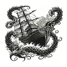 an ink drawing of a ship in the middle of a sea with tentacles around it