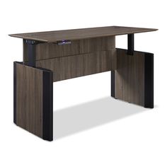 an office desk with two black legs and a dark wood finish