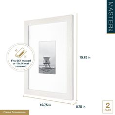 a white frame is shown with measurements for the size and width of it, along with an image of a chair