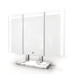 an illuminated vanity mirror with lights on it