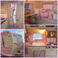 four different pictures of a pink camper with curtains on the windowsill and kitchen