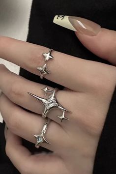 star ring, aesthetic ring Cheap Y2k Style Women's Jewelry, Luxury Silver Crescent Rings, Luxury Star-shaped Sterling Silver Jewelry, Cheap Sparkly Women's Rings, Luxury Sterling Silver Star-shaped Jewelry, Luxury Classic Star-shaped Jewelry, Cheap Cute Rings For Women, Cool Silver Accessories, Trendy Silver Ring