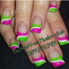 Lime Green Nails | lime green, white, and hot pink gel nails Hot Pink Gel Nails, Crazy Nail Designs, Fun Nail Art, Mani Ideas, Nail Tip Designs, Nail Board, Green Nail Art