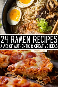 the cover of 24 ramen recipes, including noodles and meats with eggs on top